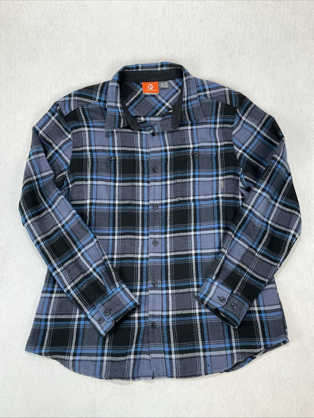 Merrell Plaid Button Flannel Heavyweight Shirt 25% Wool Black Blue XL Lumberjack